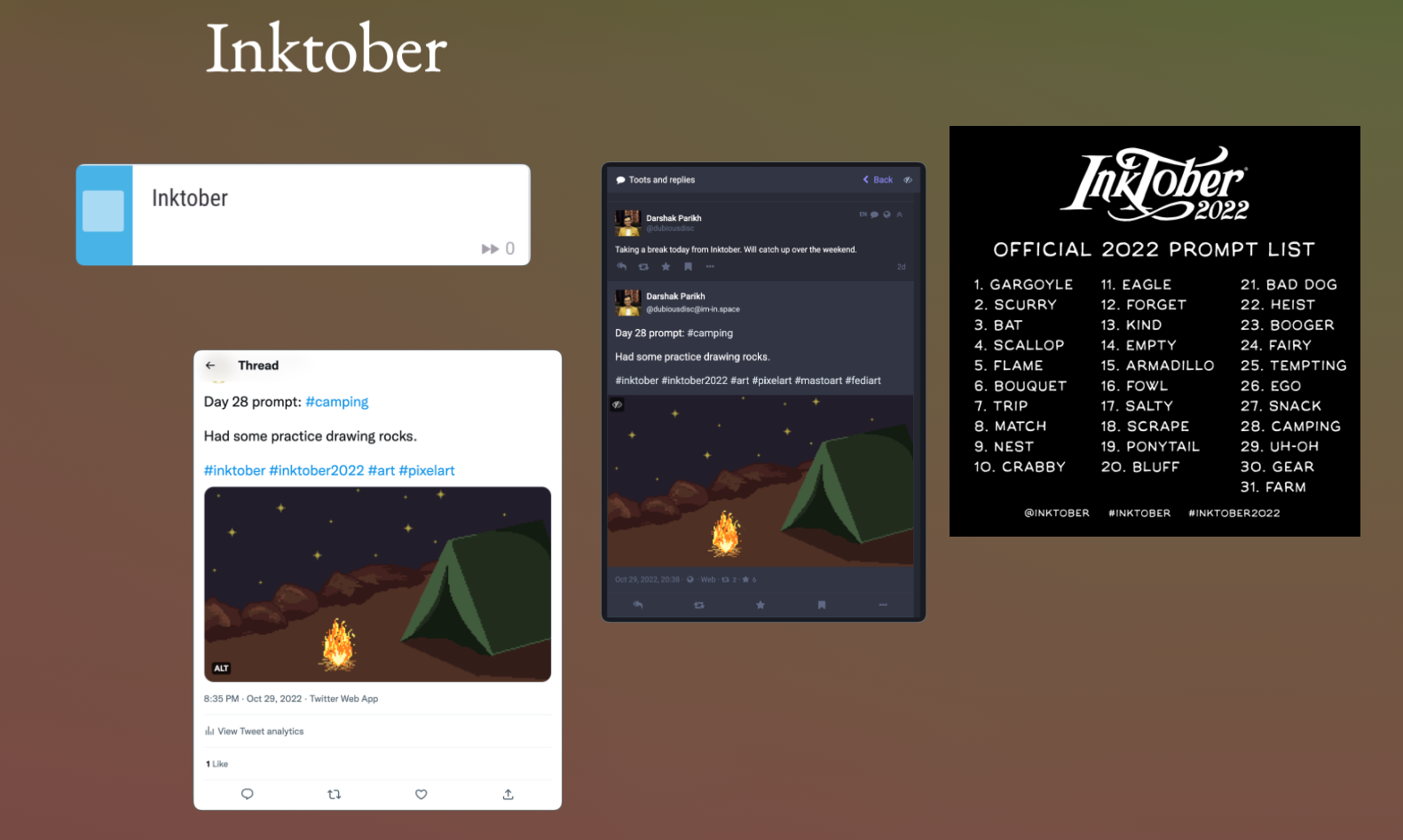 A screenshot of my Inktober Easel in Arc, with a heading saying “Inktober”, an image containing a list of art prompts, a Habitica to-do item saying “Inktober” and screenshots of a Mastodon thread and a Twitter thread